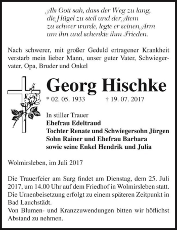 Traueranzeige von Georg Hischke  von Magdeburger Volksstimme