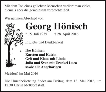 Traueranzeige von Georg Hönisch  von Magdeburger Volksstimme