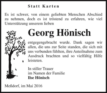 Traueranzeige von Georg Hönisch  von Magdeburger Volksstimme