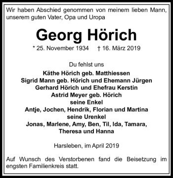 Traueranzeige von Georg Hörich  von Magdeburger Volksstimme