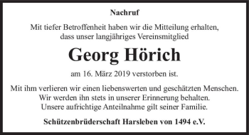 Traueranzeige von Georg Hörich  von Magdeburger Volksstimme