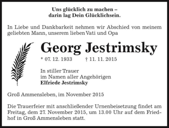 Traueranzeige von Georg Jestrimsky  von Magdeburger Volksstimme