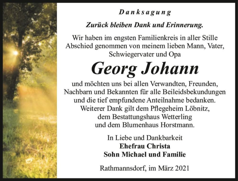  Traueranzeige für Georg Johann  vom 13.03.2021 aus Magdeburger Volksstimme