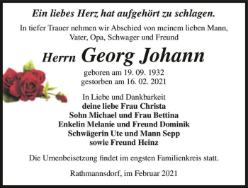 Traueranzeige von Georg Johann  von Magdeburger Volksstimme