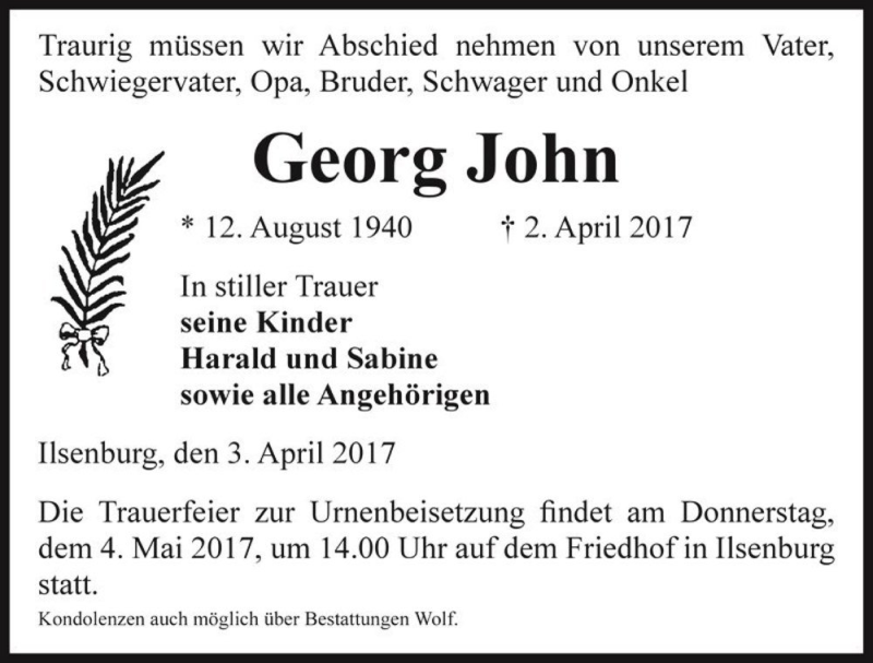  Traueranzeige für Georg John  vom 08.04.2017 aus Magdeburger Volksstimme