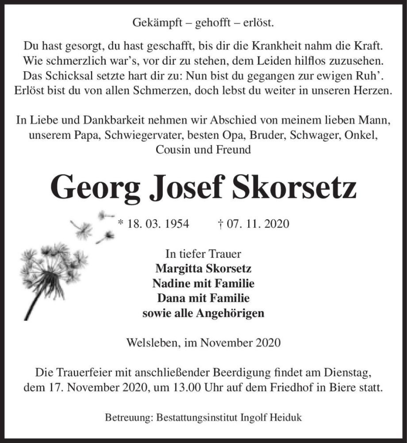  Traueranzeige für Georg Josef Skorsetz  vom 14.11.2020 aus Magdeburger Volksstimme