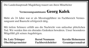 Traueranzeige von Georg Kalek  von Magdeburger Volksstimme