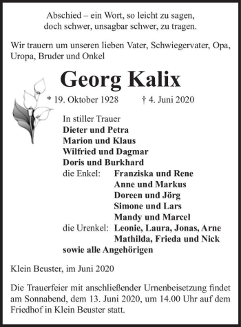 Traueranzeige von Georg Kalix  von Magdeburger Volksstimme