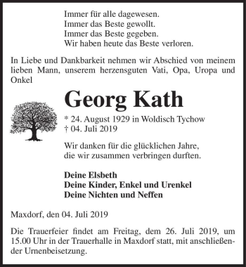 Traueranzeige von Georg Kath  von Magdeburger Volksstimme