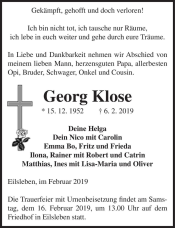 Traueranzeige von Georg Klose  von Magdeburger Volksstimme