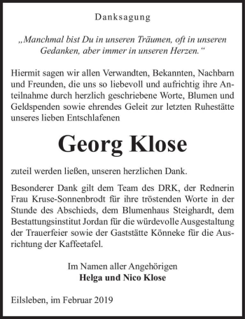 Traueranzeige von Georg Klose  von Magdeburger Volksstimme