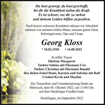 Traueranzeige von Georg Kloss  von Magdeburger Volksstimme