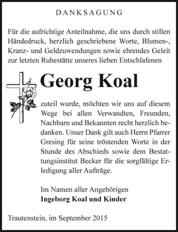 Traueranzeige von Georg Koal  von Magdeburger Volksstimme