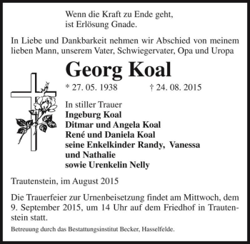 Traueranzeige von Georg Koal  von Magdeburger Volksstimme