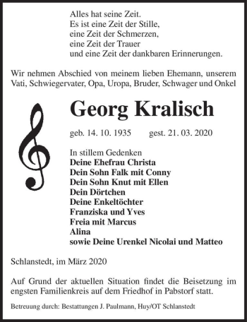 Traueranzeige von Georg Kralisch  von Magdeburger Volksstimme
