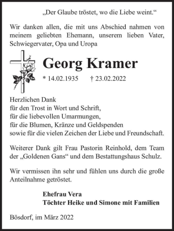 Traueranzeige von Georg Kramer  von Magdeburger Volksstimme