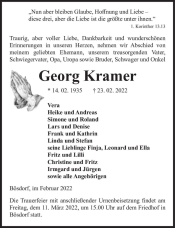 Traueranzeige von Georg Kramer  von Magdeburger Volksstimme