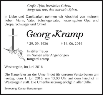 Traueranzeige von Georg Kramp  von Magdeburger Volksstimme