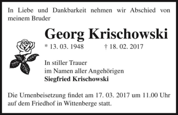 Traueranzeige von Georg Krischowski  von Magdeburger Volksstimme