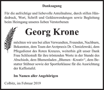 Traueranzeige von Georg Krone  von Magdeburger Volksstimme