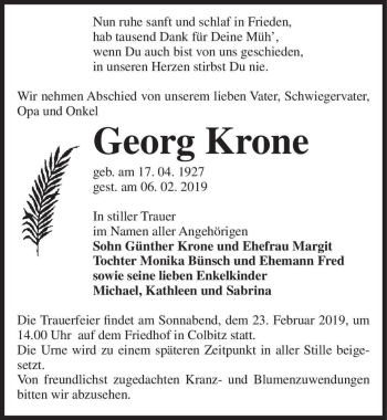 Traueranzeige von Georg Krone  von Magdeburger Volksstimme