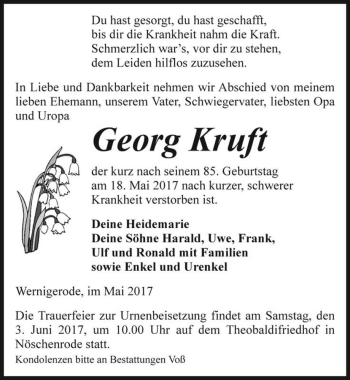 Traueranzeige von Georg Kruft  von Magdeburger Volksstimme