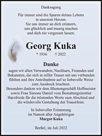 Traueranzeige von Georg Kuka  von Magdeburger Volksstimme