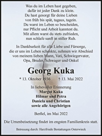 Traueranzeige von Georg Kuka  von Magdeburger Volksstimme