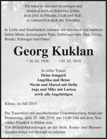 Traueranzeige von Georg Kuklan  von Magdeburger Volksstimme
