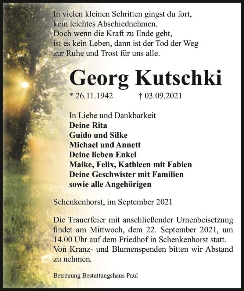  Traueranzeige für Georg Kutschki  vom 07.09.2021 aus Magdeburger Volksstimme