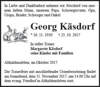 Traueranzeige von Georg Käsdorf  von Magdeburger Volksstimme