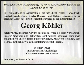 Traueranzeige von Georg Köhler  von Magdeburger Volksstimme