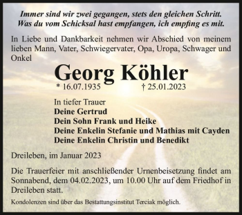 Traueranzeige von Georg Köhler  von Magdeburger Volksstimme