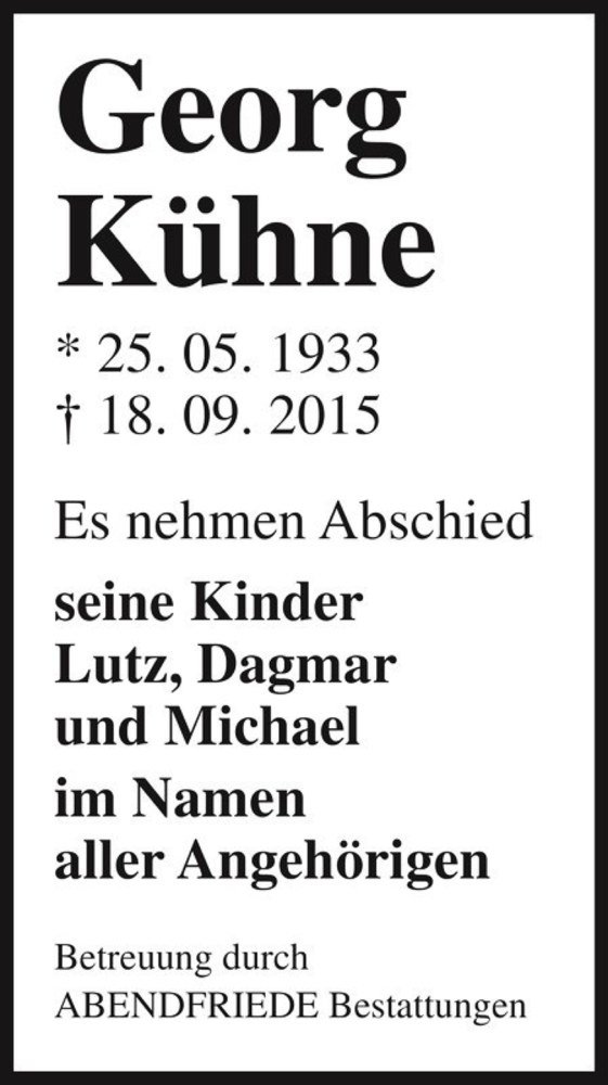  Traueranzeige für Georg Kühne  vom 26.09.2015 aus Magdeburger Volksstimme