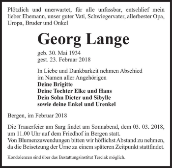 Traueranzeige von Georg Lange  von Magdeburger Volksstimme