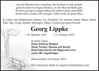 Traueranzeige von Georg Lippke  von Magdeburger Volksstimme