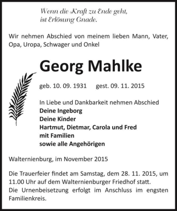 Traueranzeige von Georg Mahlke  von Magdeburger Volksstimme