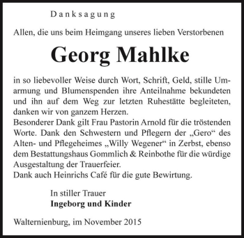 Traueranzeige von Georg Mahlke  von Magdeburger Volksstimme