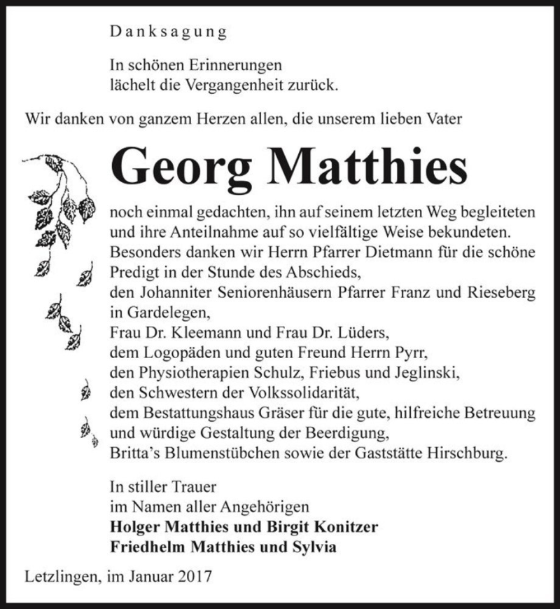  Traueranzeige für Georg Matthies  vom 18.01.2017 aus Magdeburger Volksstimme