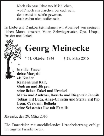 Traueranzeige von Georg Meinecke  von Magdeburger Volksstimme