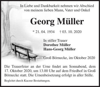 Traueranzeige von Georg Müller  von Magdeburger Volksstimme