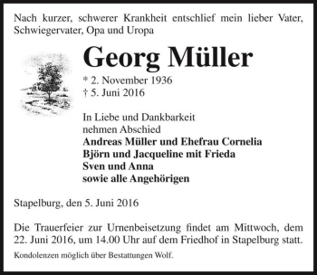 Traueranzeige von Georg Müller  von Magdeburger Volksstimme