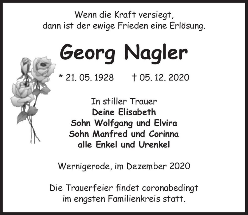  Traueranzeige für Georg Nagler  vom 12.12.2020 aus Magdeburger Volksstimme