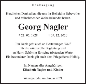 Traueranzeige von Georg Nagler  von Magdeburger Volksstimme