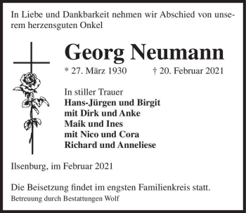 Traueranzeige von Georg Neumann  von Magdeburger Volksstimme