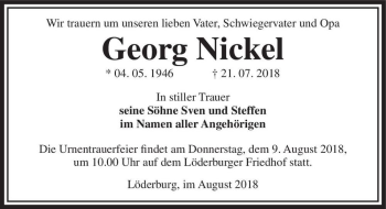 Traueranzeige von Georg Nickel  von Magdeburger Volksstimme