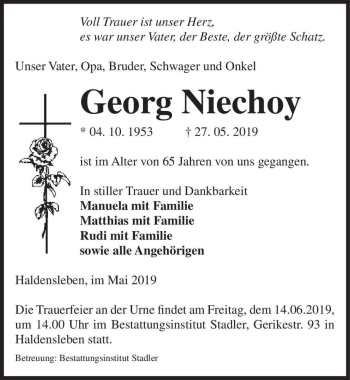 Traueranzeige von Georg Niechoy  von Magdeburger Volksstimme