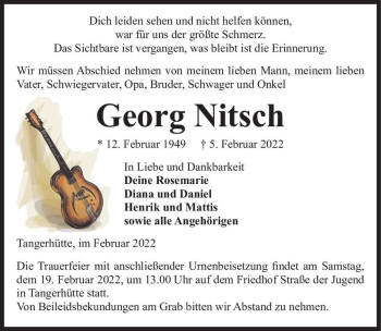 Traueranzeige von Georg Nitsch  von Magdeburger Volksstimme