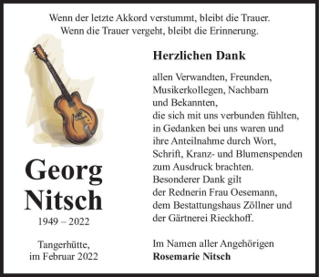 Traueranzeige von Georg Nitsch  von Magdeburger Volksstimme