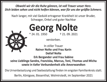 Traueranzeige von Georg Nolte  von Magdeburger Volksstimme